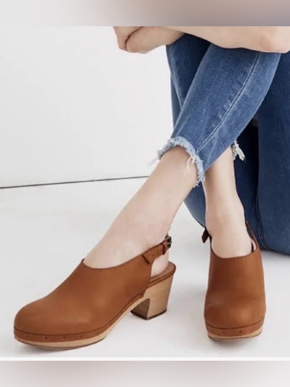 Madewell The Marlo Slingback Clog Leather English Saddle Wood Heel Sz 8.5